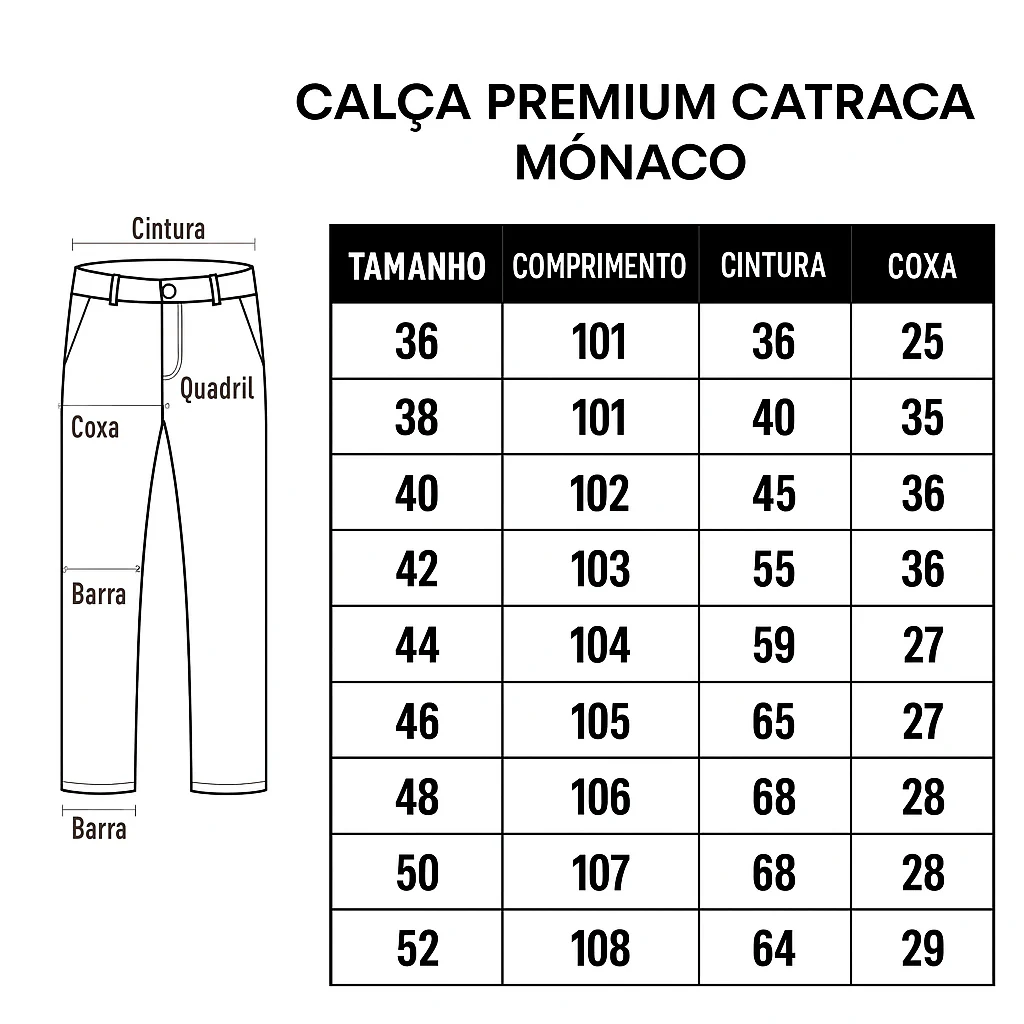 Tabela de medidas Calça Premium Catraca Mônaco